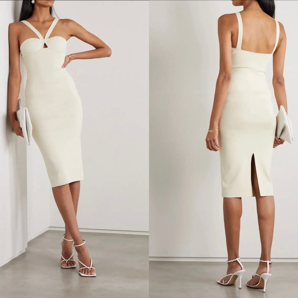 New with tags Galvan London Venus Cutout Ribbed Knit Midi Sculpted Dress Ivory